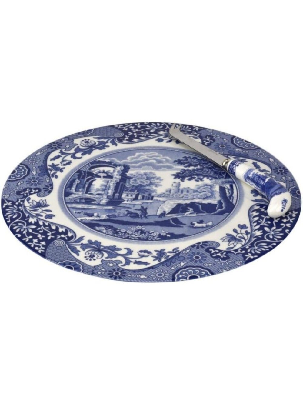 Elegant 11" Blue Italian Cheese Plate Set with Knife | Fine Porcelain